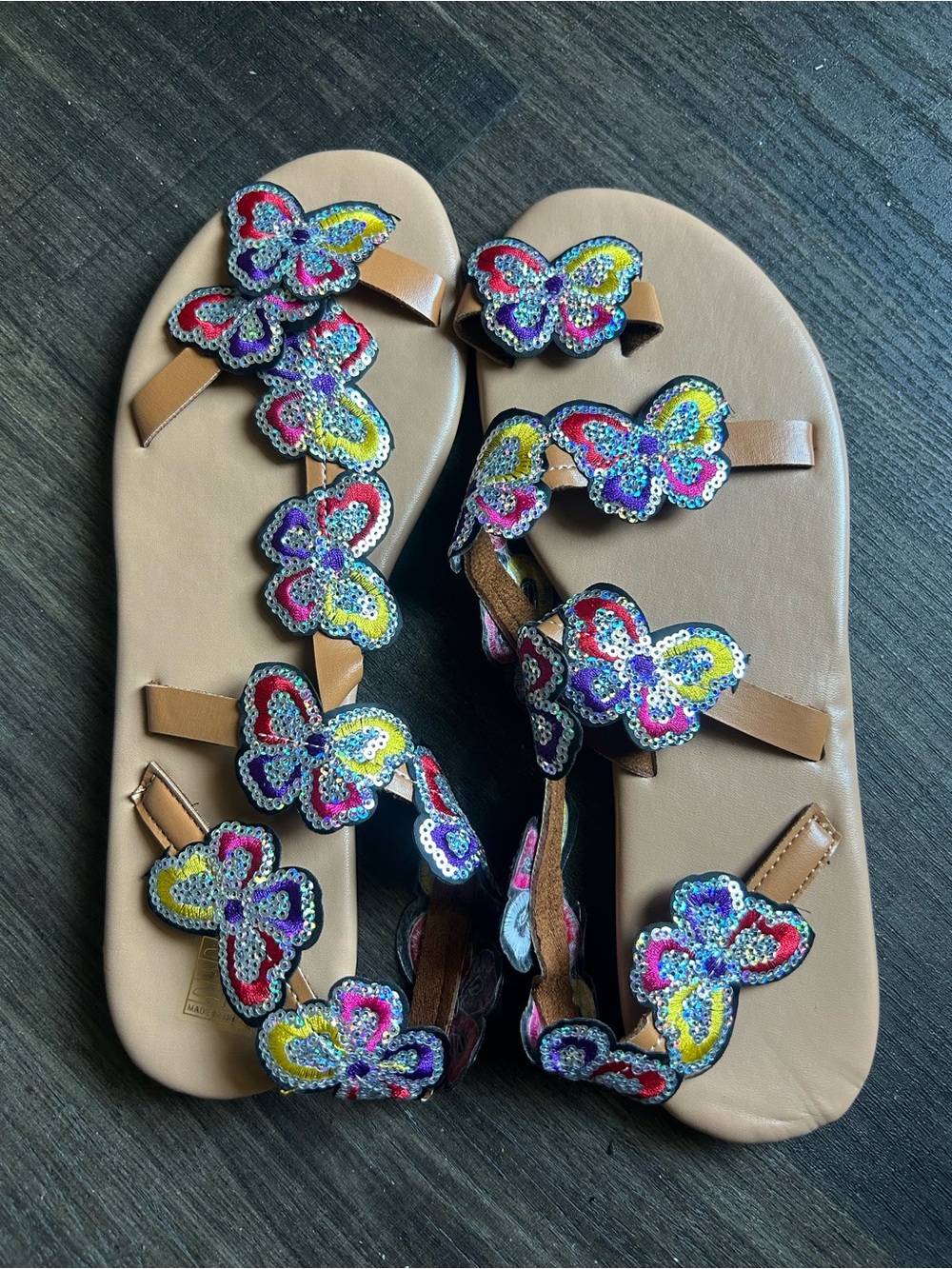 Women's Tan Slide Sandals with Multicolor Sequin Butterfly Accents